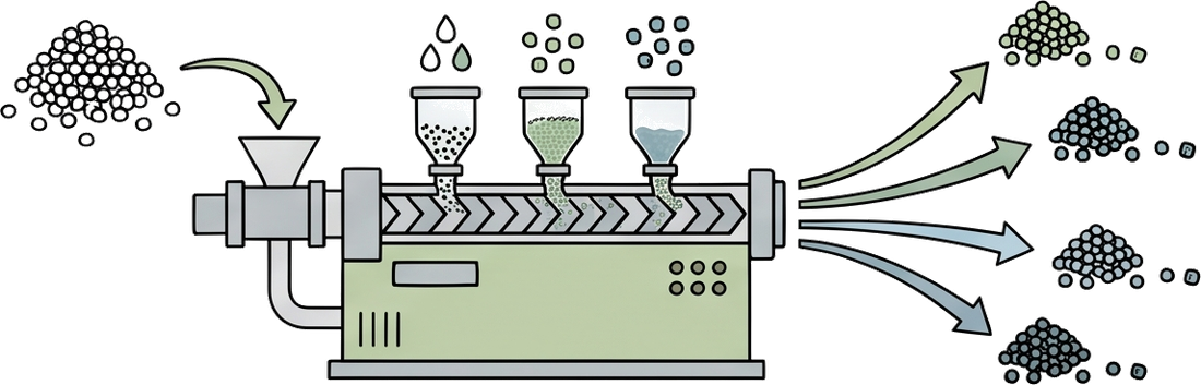 再生材に添加剤を加え着色・コンパウンドして各色のペレットに仕上げる工程のイラスト