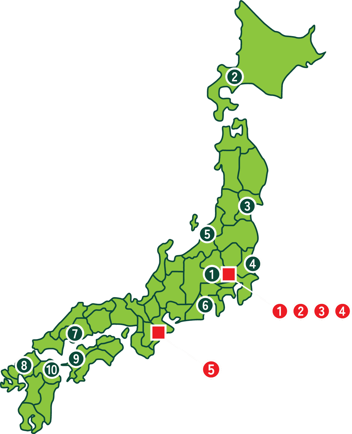協和関連会社の全国回収拠点マップ（日本地図・番号入り）