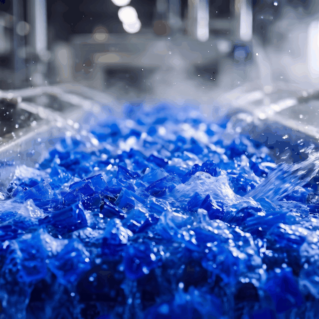 水で洗浄される青い再生プラスチックチップ